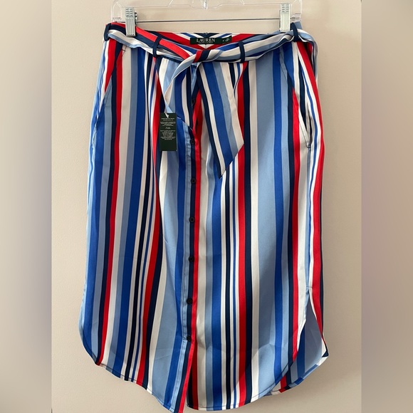 NWT Ralph Lauren Satin Striped Knee Length Belted Skirt Size 4 Blue, Red & White - Picture 5 of 10